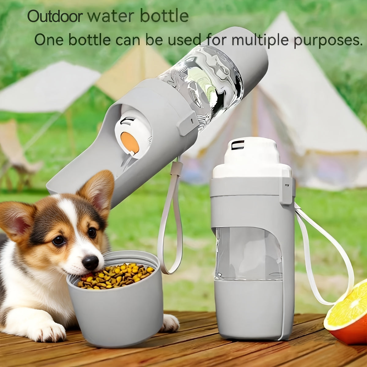 Grey JMA 2-in-1 dog water bottle with detachable food cup, corgi eating kibble outdoors