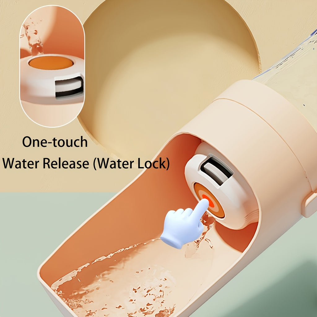 One-touch water release and lock button on the JMA portable dog water bottle