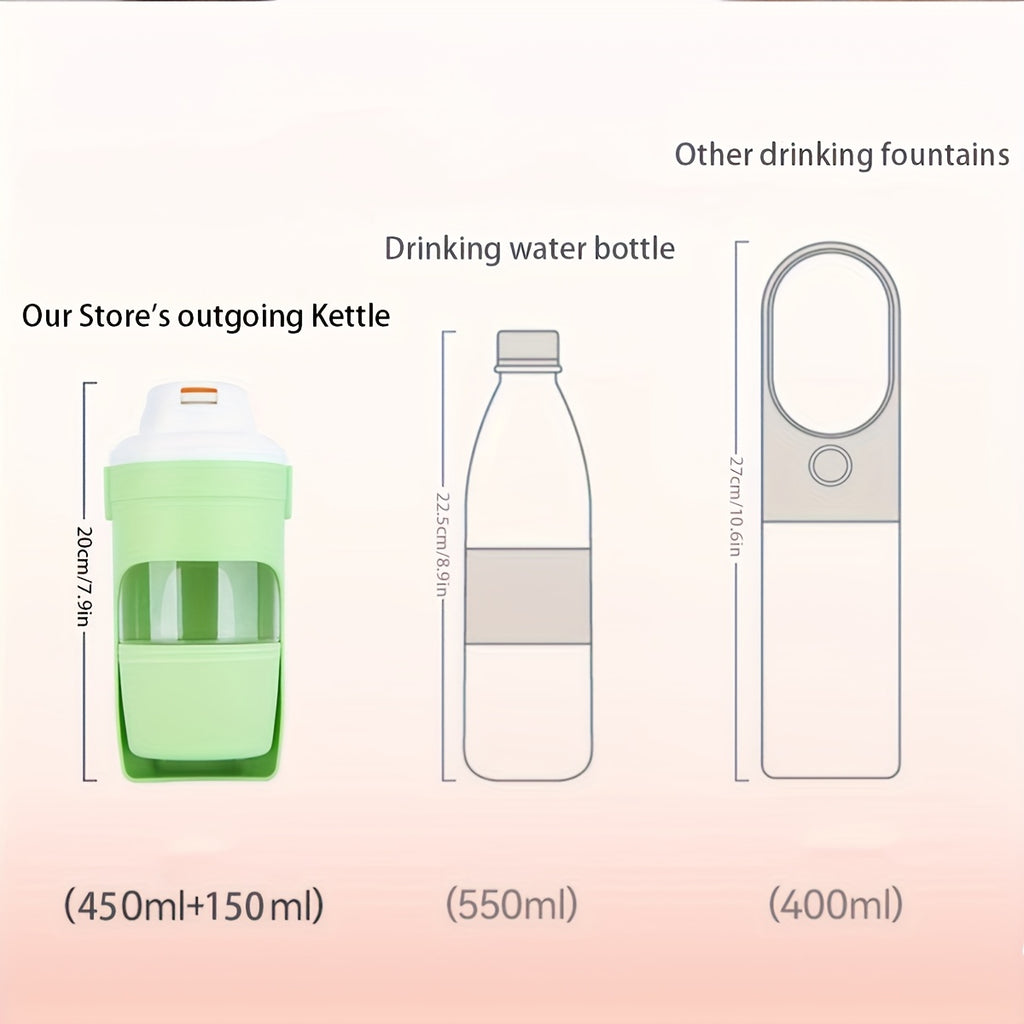 Size chart comparing the JMA dog water bottle, 450 ml plus 150 ml, with other bottles