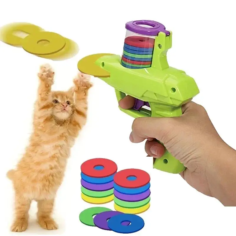 JMA Pet Goods flying disc launcher cat toy shooting soft foam discs for a kitten