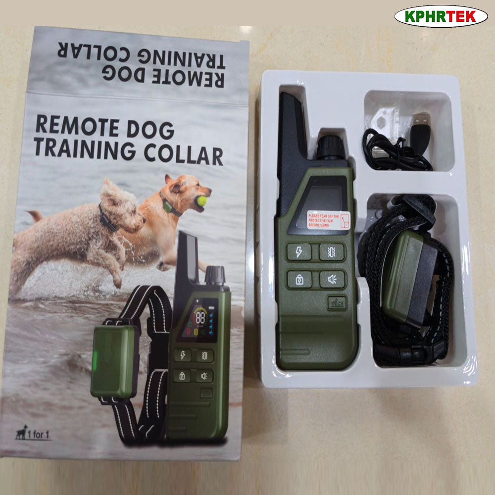 JMA Pet Goods D800 remote dog training collar in its retail box with remote, receiver collar and charging cable