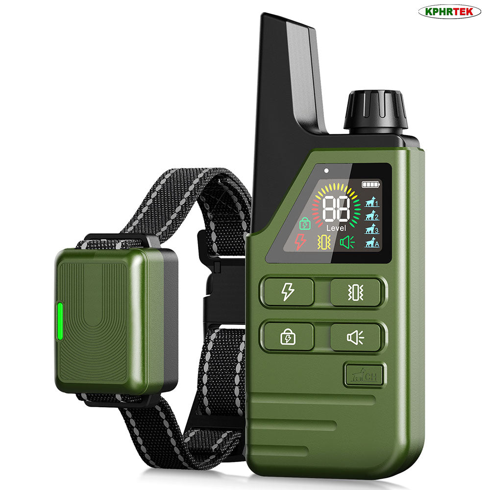 JMA Pet Goods D800 remote dog training collar with green handheld remote and receiver collar on a white background