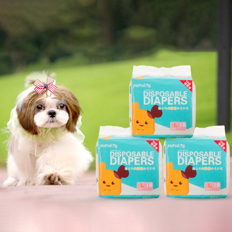 JMA Pet Goods disposable dog diaper packs next to a small dog outdoors