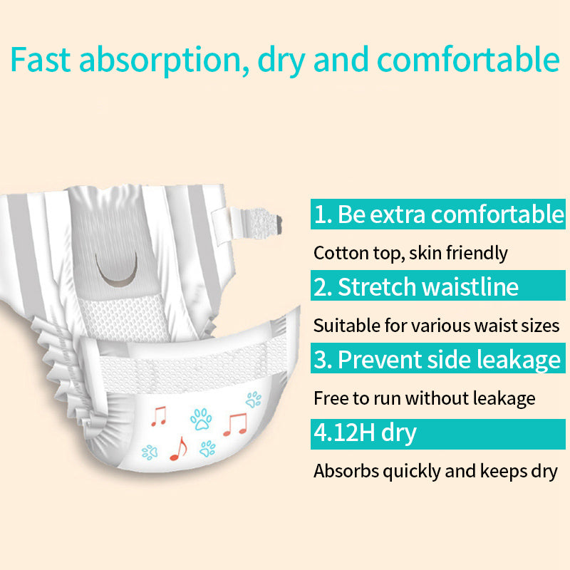 JMA Pet Goods dog diaper features: soft top layer, stretch waistline, side leak guards and fast absorption