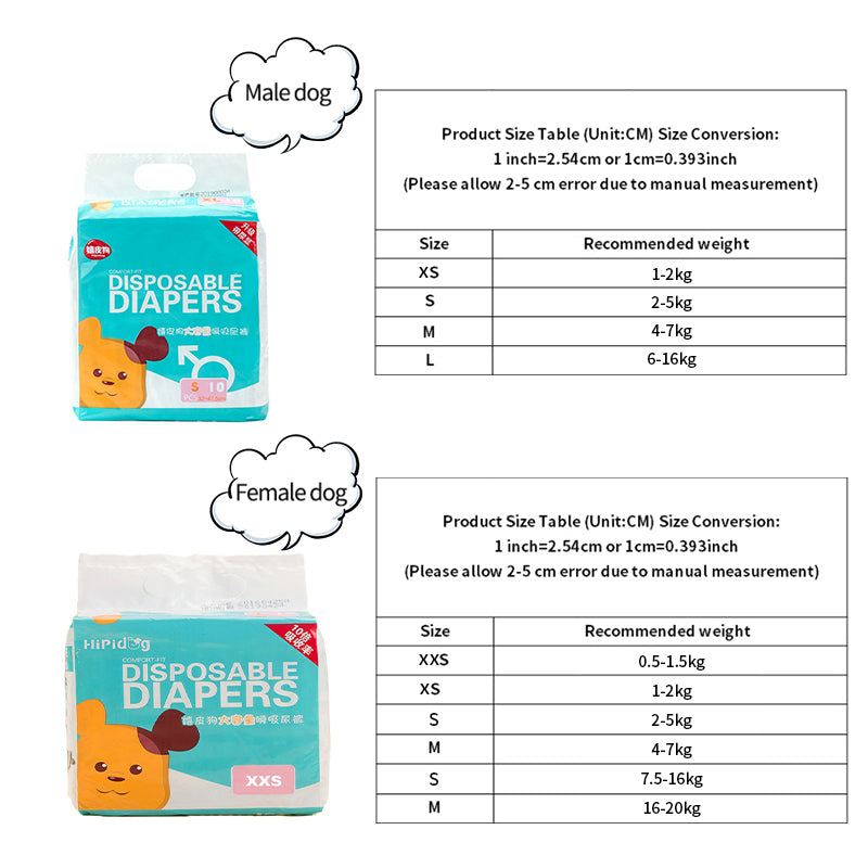 JMA Pet Goods disposable dog diapers size chart by dog weight for male and female dogs