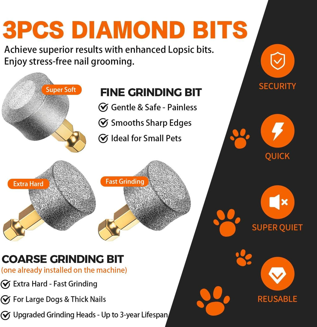 JMA Pet Goods dog nail grinder 3 diamond bits: one fine bit for small pets and two coarse bits for large dogs and thick nails
