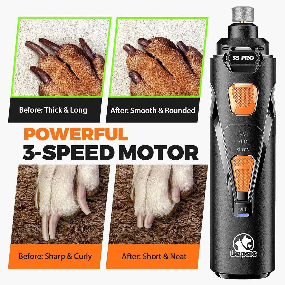 Before and after dog nails trimmed smooth with the JMA Pet Goods 3-speed electric nail grinder