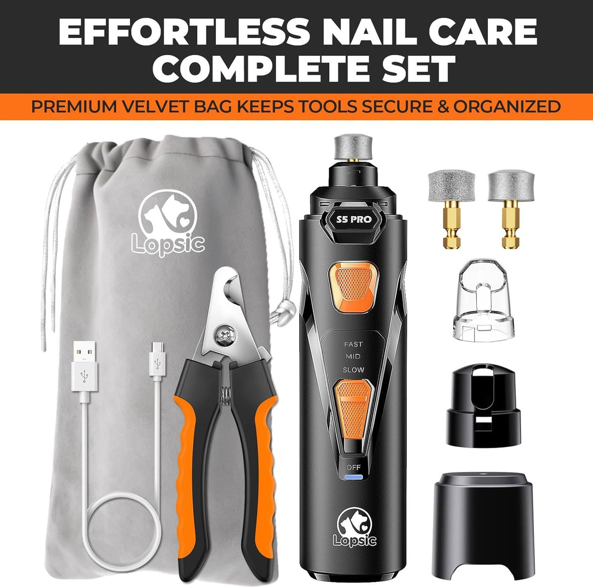 JMA Pet Goods dog nail grinder complete set with velvet storage bag, nail clipper, grinding bits, caps and USB charging cable