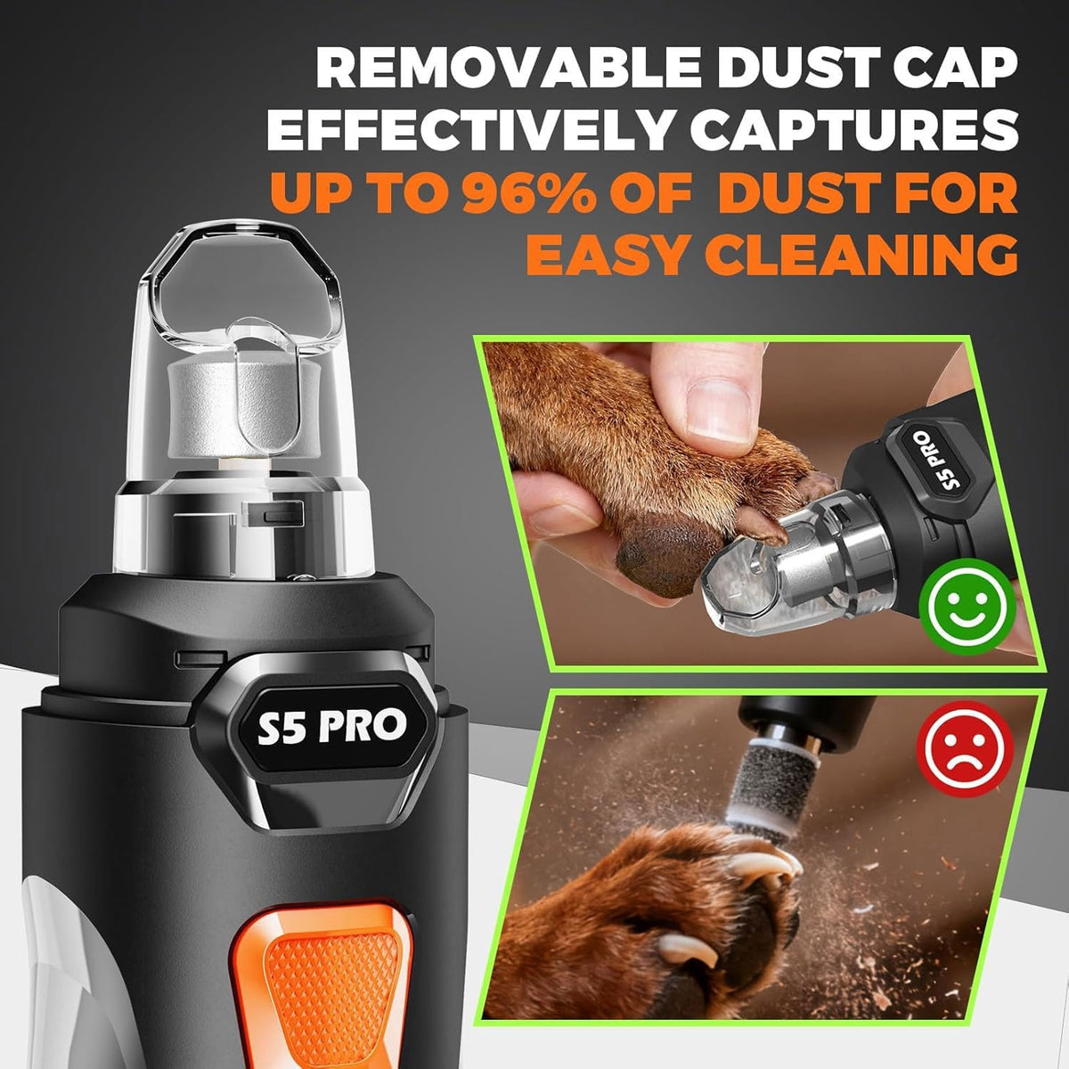 JMA Pet Goods dog nail grinder with removable dust cap that captures up to 96% of nail dust
