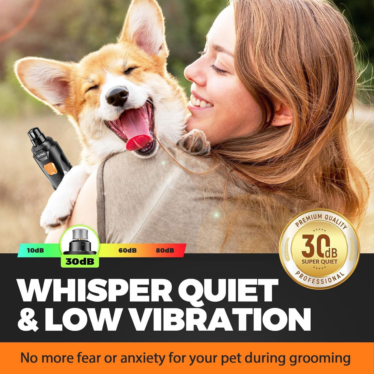 Woman hugging a happy corgi beside the JMA Pet Goods whisper-quiet 30dB low-vibration dog nail grinder