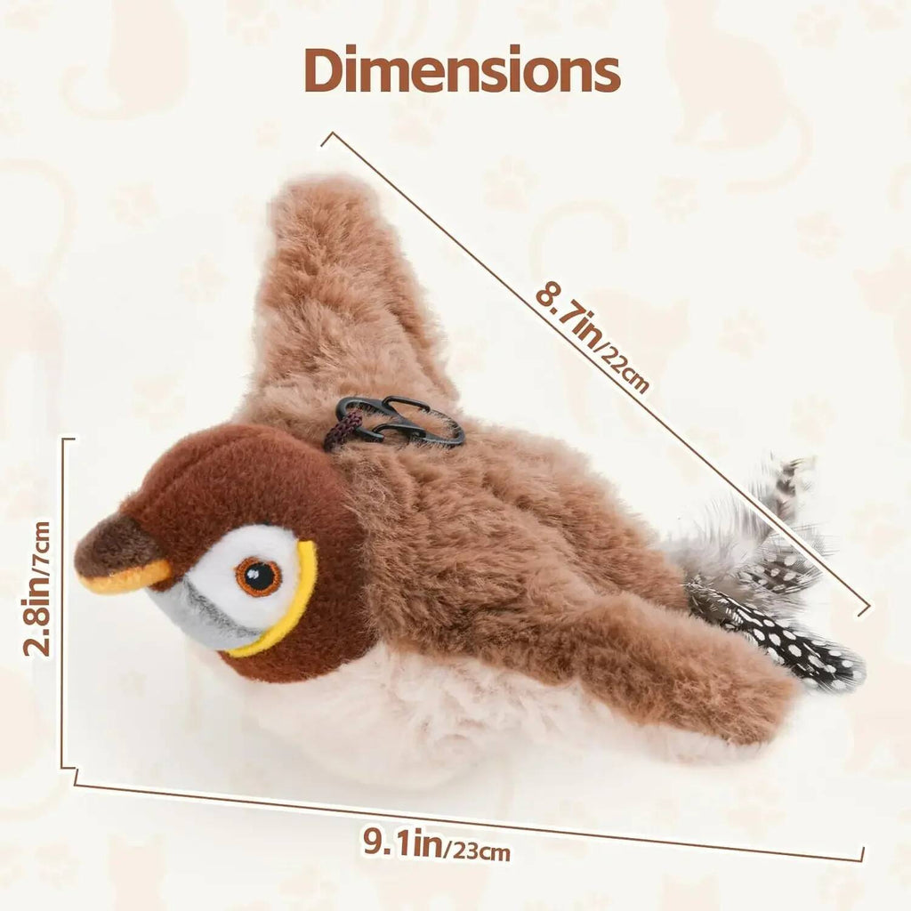 JMA Pet Goods flapping bird cat toy dimensions: 9.1 in long, 8.7 in wide and 2.8 in high