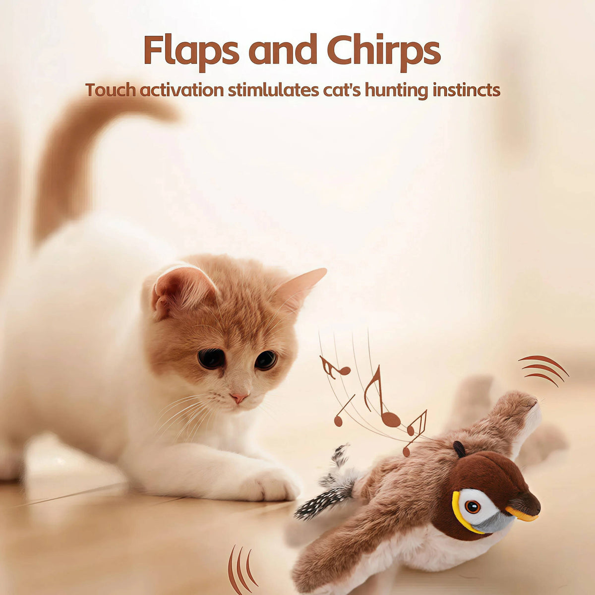 Kitten pouncing on the JMA Pet Goods flapping bird cat toy as it flaps and chirps, touch activated to stimulate hunting instincts
