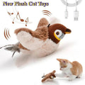 JMA Pet Goods flapping bird cat toy, plush sparrow that chirps and flaps its wings, with USB charging cable and a kitten playing