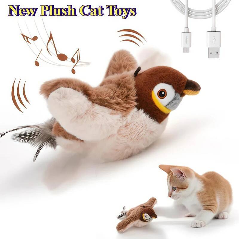 JMA Pet Goods flapping bird cat toy, plush sparrow that chirps and flaps its wings, with USB charging cable and a kitten playing