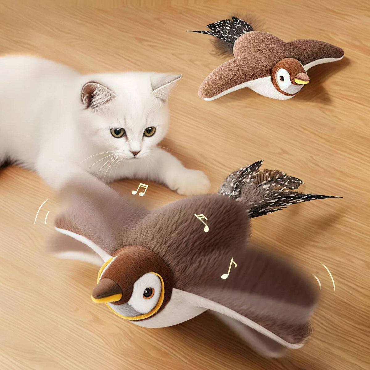 White cat playing with the JMA Pet Goods flapping bird cat toy on a wooden floor as it flaps and chirps