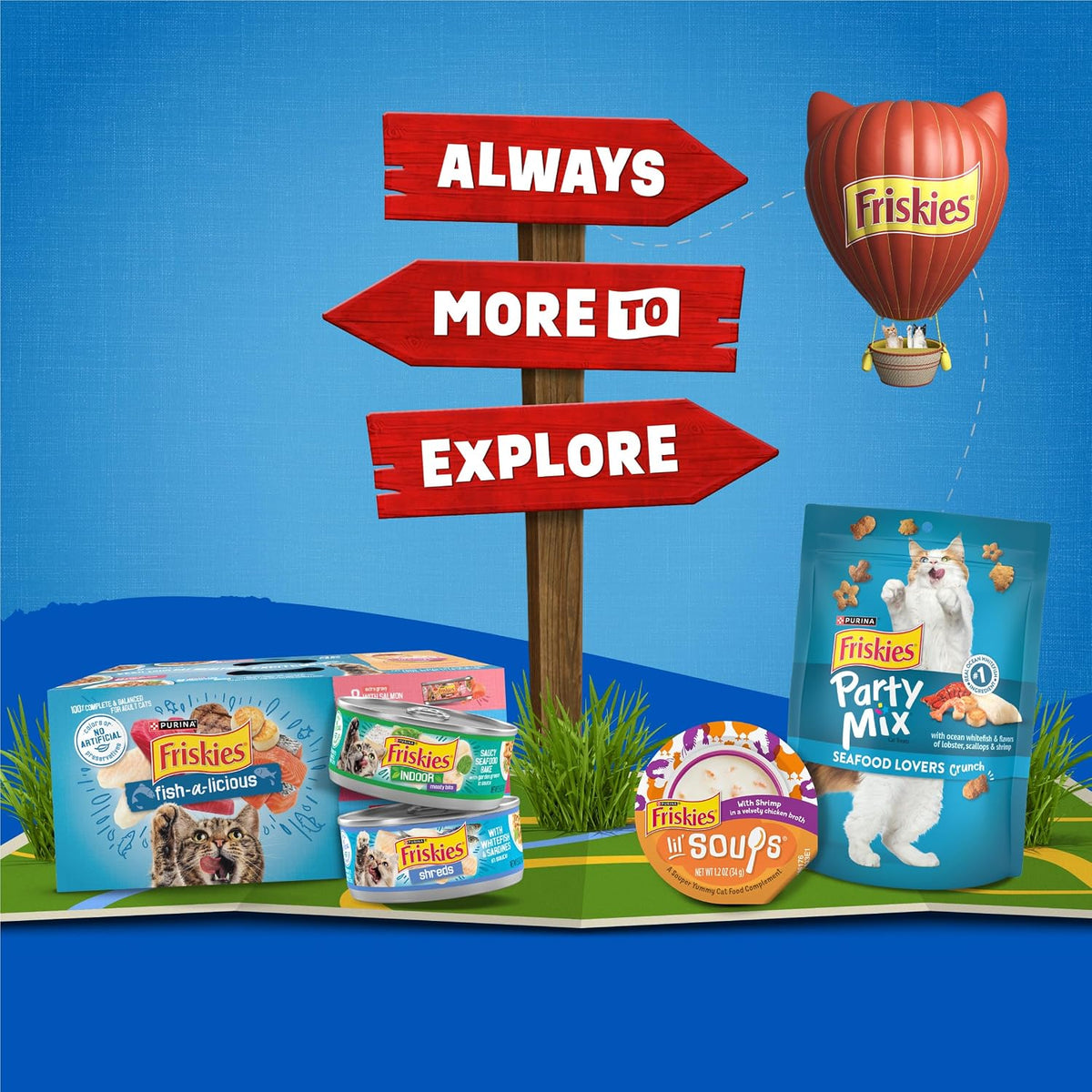 Friskies cat food range with wet food cans and Party Mix treats, shown at JMA Pet Goods