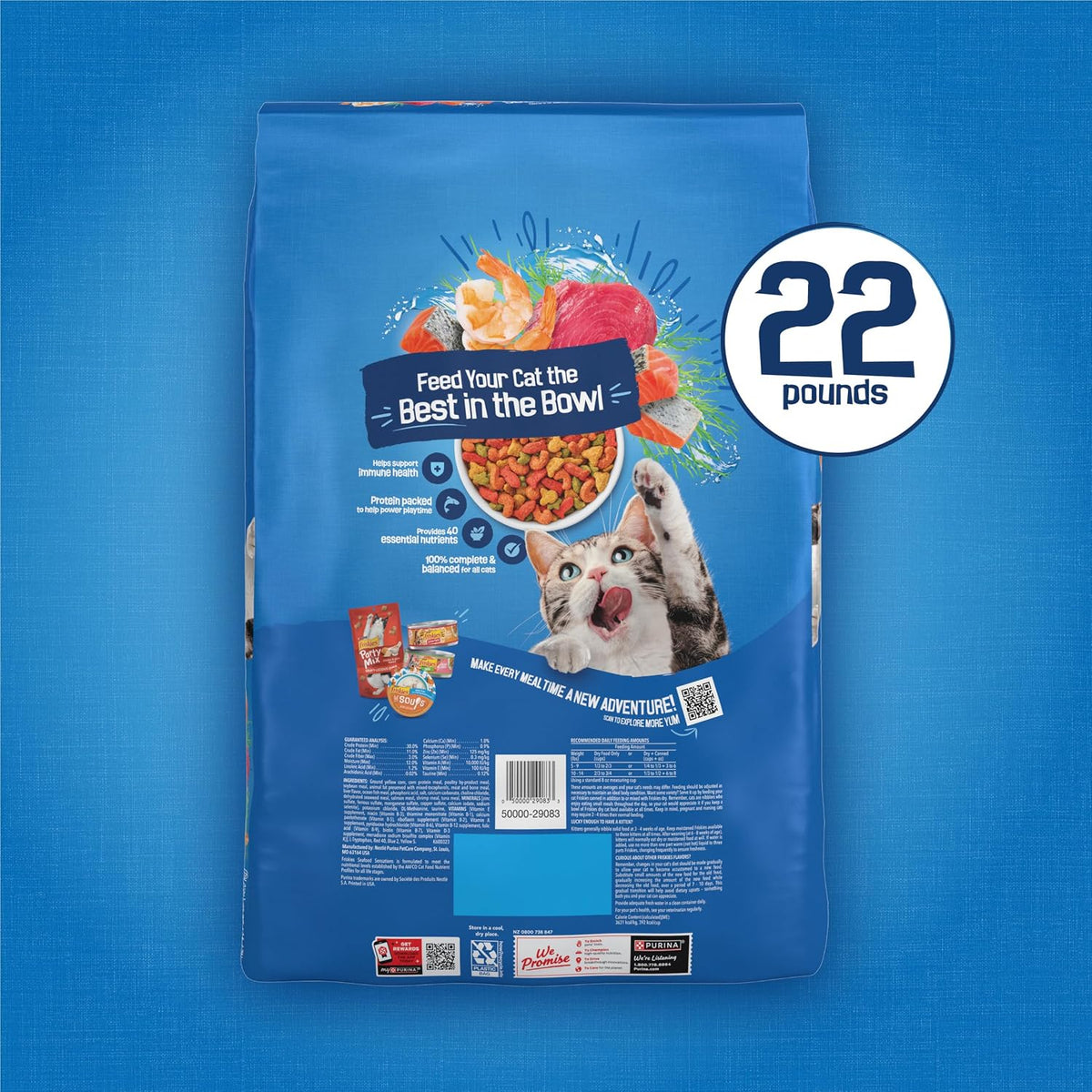 JMA Pet Goods Friskies Seafood Sensations dry cat food 22 pound bag, back of pack