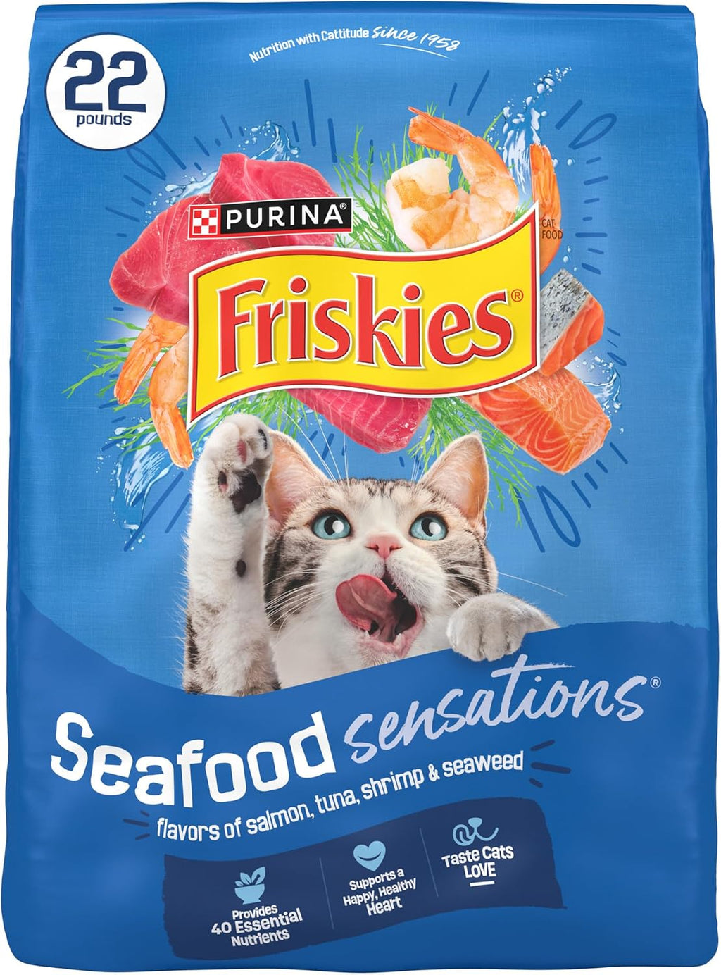 Purina Friskies Seafood Sensations dry cat food 22 lb bag, front of pack, from JMA Pet Goods