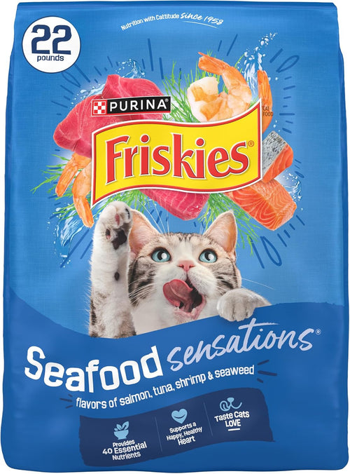 Purina Friskies Seafood Sensations dry cat food 22 lb bag, front of pack, from JMA Pet Goods
