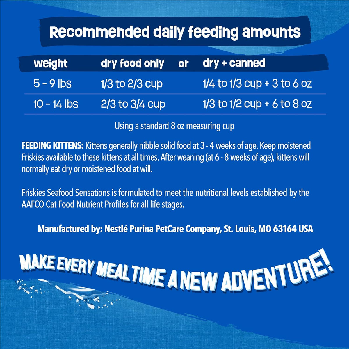 JMA Pet Goods Friskies Seafood Sensations recommended daily feeding amounts chart for cats by weight