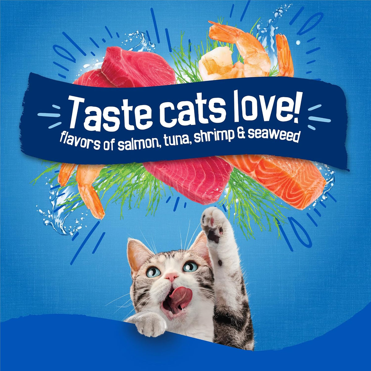 JMA Pet Goods Friskies Seafood Sensations cat food with salmon, tuna, shrimp and seaweed flavors and a cat licking its lips