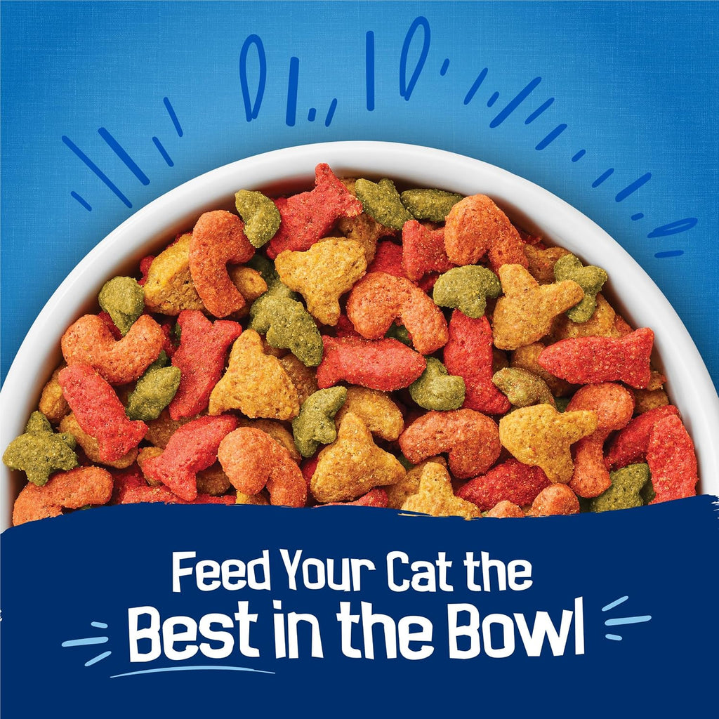 JMA Pet Goods Friskies Seafood Sensations colorful dry cat food kibble in a white bowl