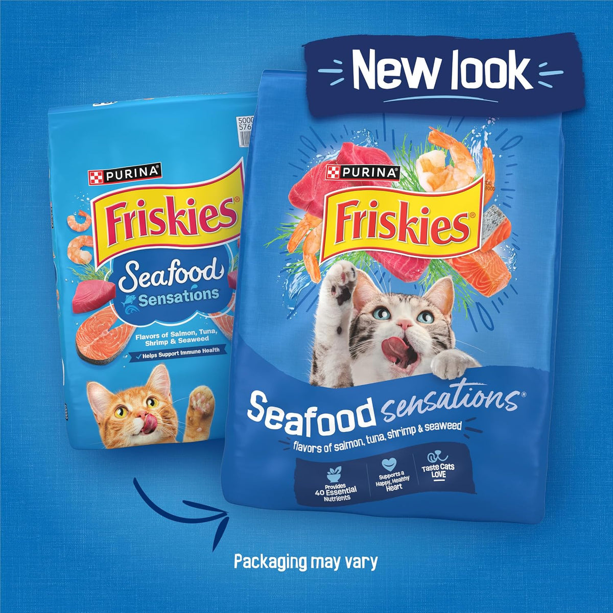 JMA Pet Goods Friskies Seafood Sensations dry cat food old and new look bags, packaging may vary