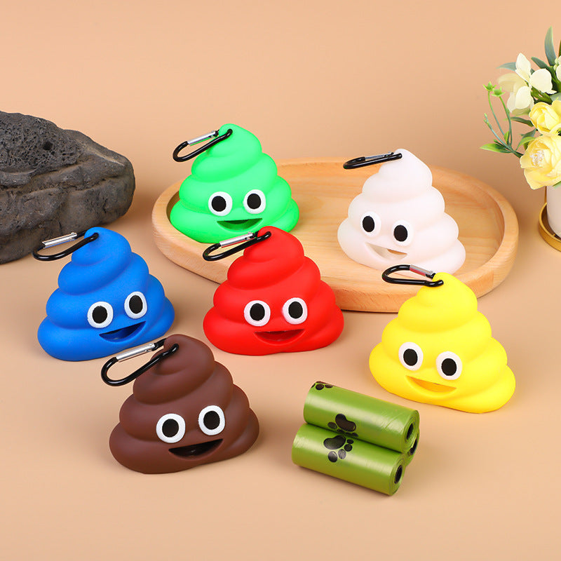 JMA Pet Goods poop shaped dog poop bag dispensers in six colors: brown, white, red, green, yellow and blue