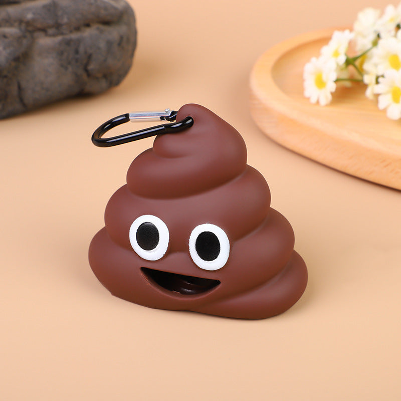 JMA Pet Goods brown poop shaped dog poop bag dispenser with smiling face and carabiner clip