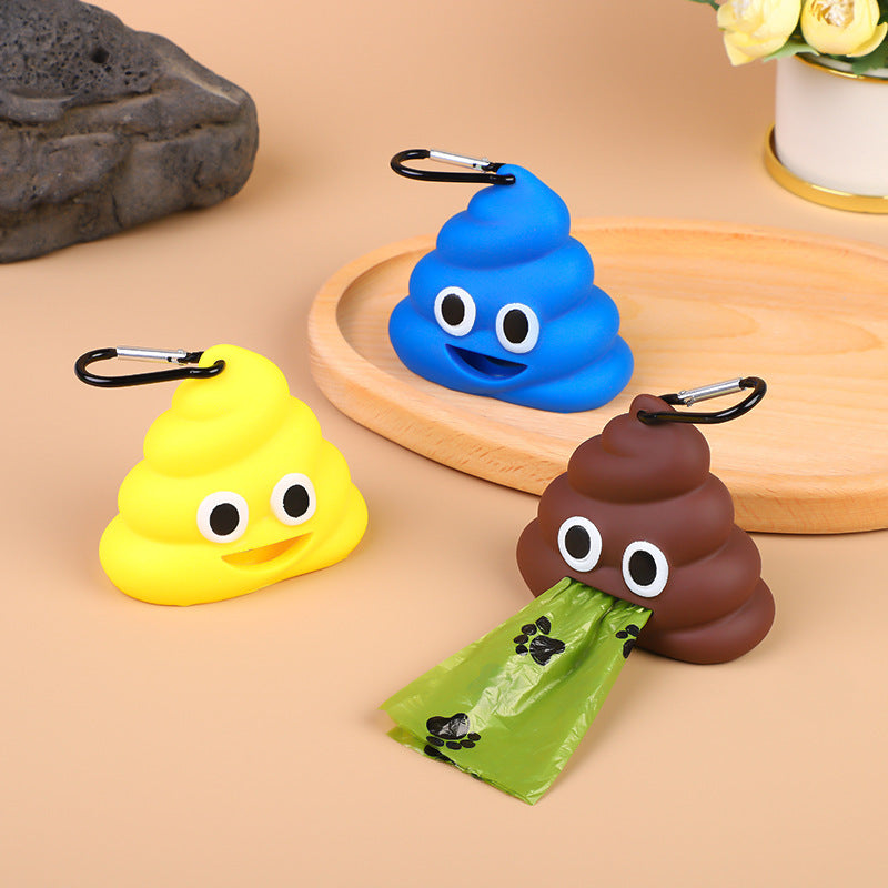 JMA Pet Goods poop shaped dog poop bag dispensers in yellow, blue and brown