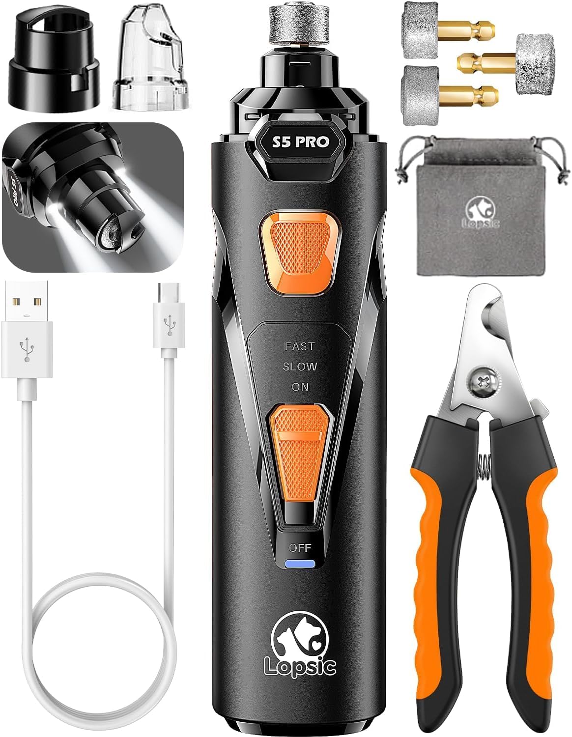 JMA Pet Goods S5 Pro electric dog nail grinder kit with nail clipper, 3 diamond grinding bits, dust cap, USB cable and storage pouch