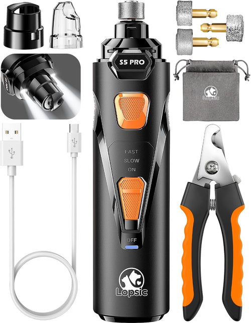 JMA Pet Goods S5 Pro electric dog nail grinder kit with nail clipper, 3 diamond grinding bits, dust cap, USB cable and storage pouch