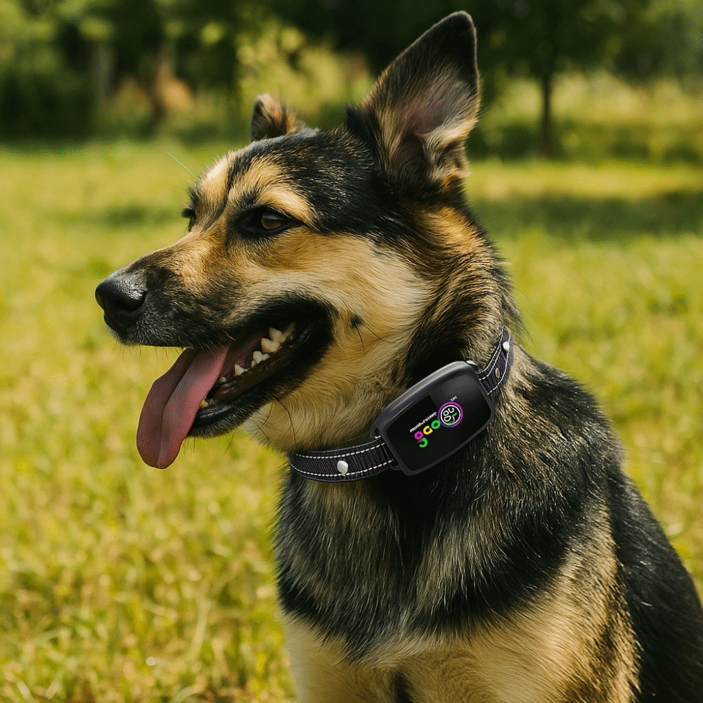 German Shepherd wearing the JMA Pet Goods smart dog bark collar with color screen in a field