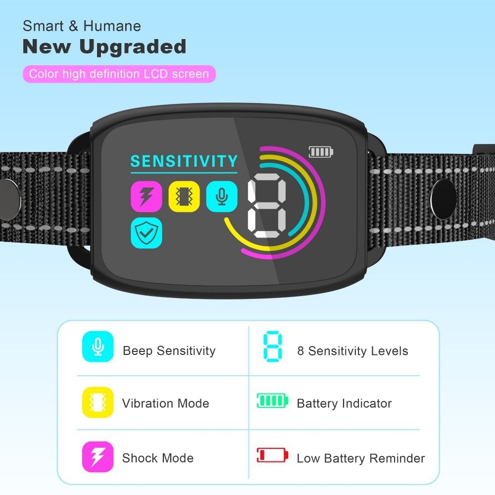JMA Pet Goods bark collar color LCD screen with beep, vibration and static modes, 8 sensitivity levels and battery indicator