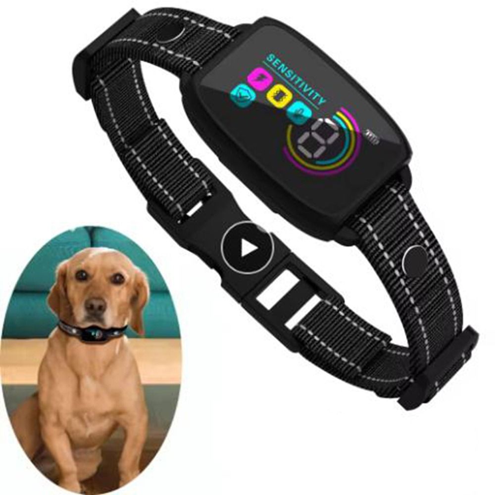 JMA Pet Goods smart dog bark collar with color screen, shown on a Labrador