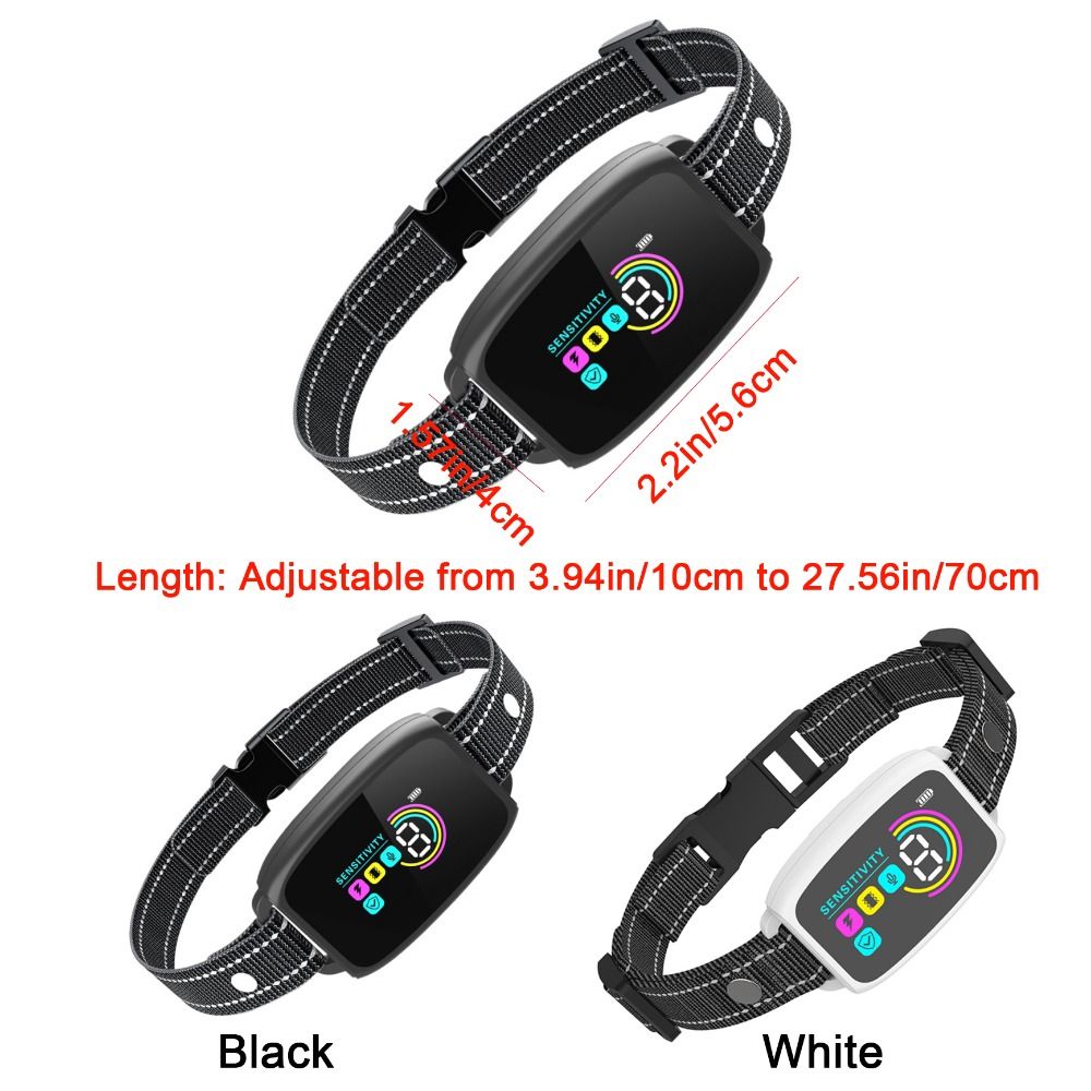 JMA Pet Goods smart dog bark collar size guide, strap adjustable up to 27.56 in, shown in Black and White