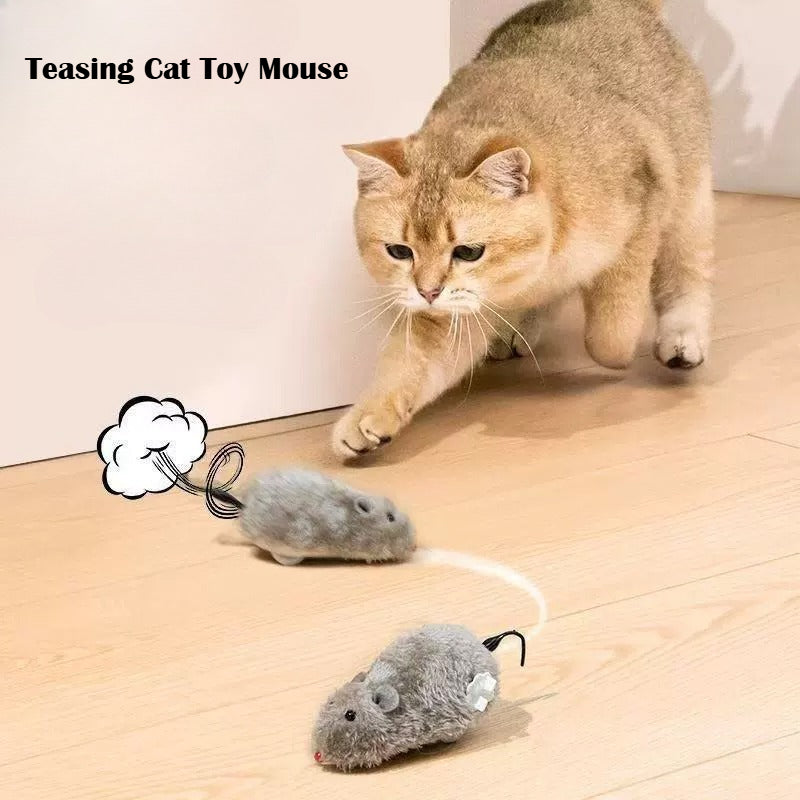 Cat chasing two grey JMA Pet Goods wind-up plush mouse cat toys running across a wooden floor