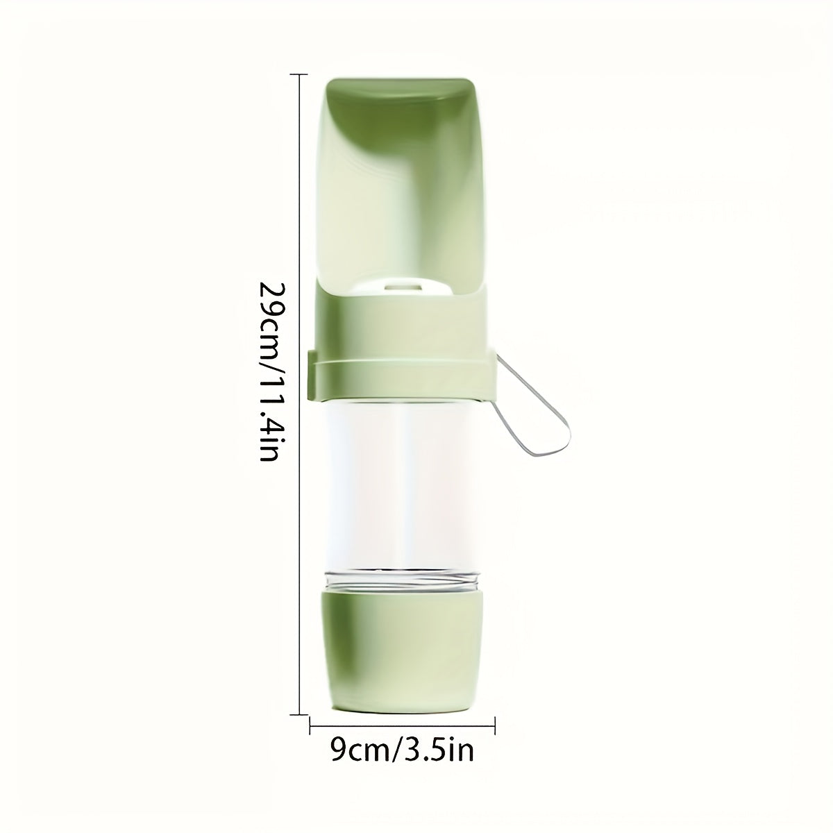 Green JMA portable dog water bottle, 11.4 in tall and 3.5 in wide