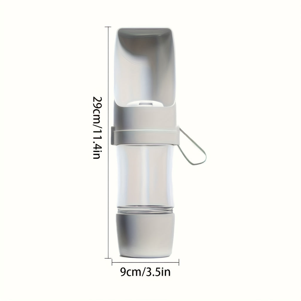 Grey JMA portable dog water bottle with food container, 11.4 in tall and 3.5 in wide