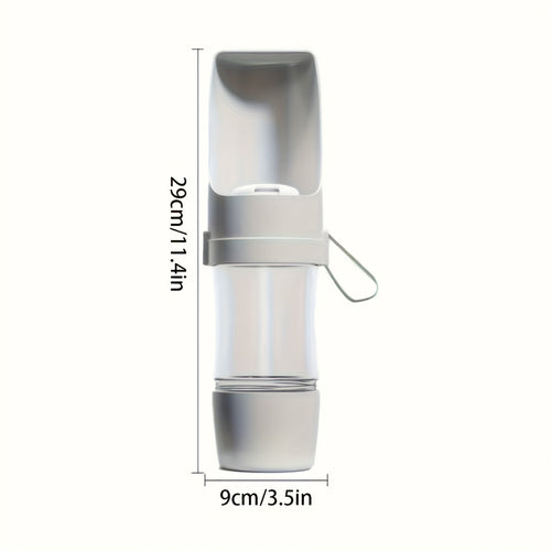 Grey JMA portable dog water bottle with food container, 11.4 in tall and 3.5 in wide